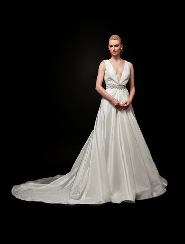 V-Neck Draped Taffeta custom Bridal Gown near me