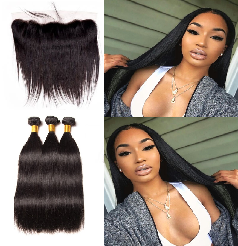 Straight 3 Bundles With 13x4 Lace Frontal Closure Peruvian