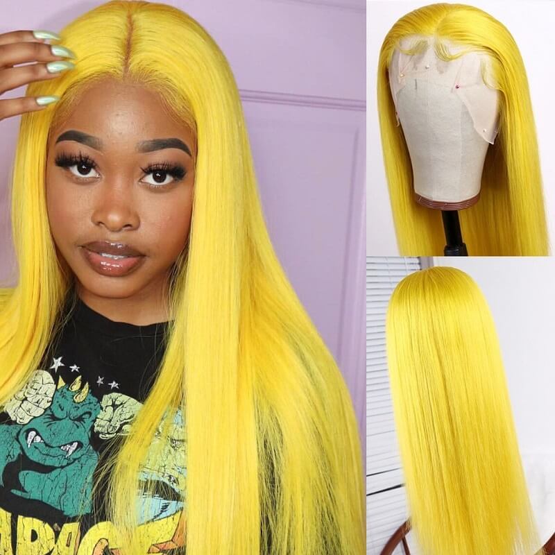 Custom Yellow Long Silky Straight 360 Full Lace Front Human Remy Hair 