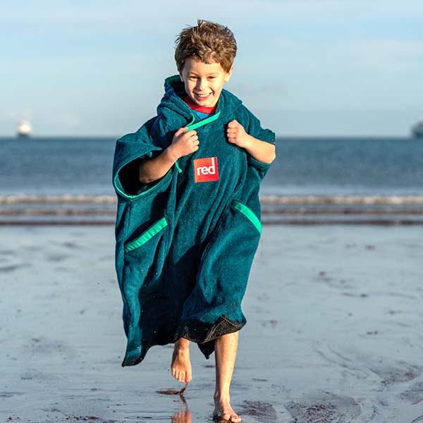 Boy Wearing Red Original Towel Changing Robe For Kids in Navy