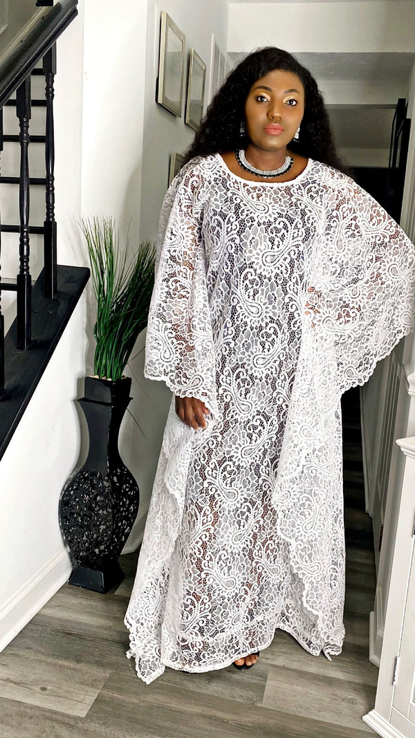 Buga Boubou dress (white)- African kaftan dress with Silk fabric