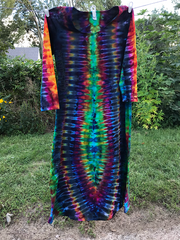 A special made long sleeve tie dye dress in a custom picked combo of rainbow colors, in a psychedelic symmetry (symmetrical V shaped) ice dye pattern