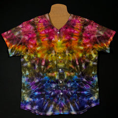 Front side of the finished custom dyed rainbow psychedelic mindscape baseball jersey