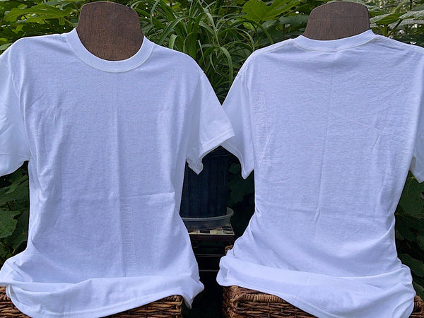 Two blank white Gildan Heavy Cotton T-Shirts displayed on wooden mannequins to showcase both the front and back of this style