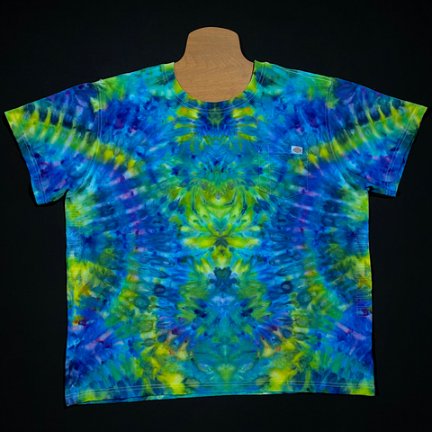A special made dickie's pocket men's t-shirt featuring a recreation of the psychedelic aquascape ice dye design
