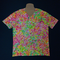 A pebbles splatter pattern tie dye v-neck t-shirt, handmade for a custom order request