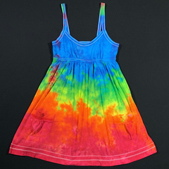 A custom dyed Victoria's secret pink terry-cloth dress, featuring a rainbow gradient splatter design 
