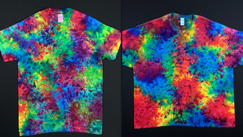 Two different ice tie dyed t-shirts side-by-side, each one of a kind design features the same pink, yellow & blue ice cream inspired colors and marbled splatter pattern