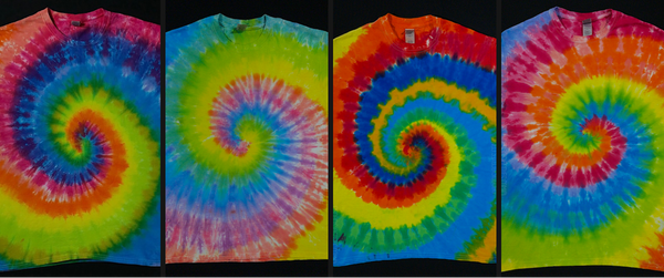 Collage featuring three different multi-color, rainbow spiral tie dye design examples