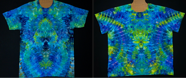 A side-by-side comparison of a Psychedelic Aquascape ice dyed design on the left, and a special made replica of it on a Dickie's pocket tee on the right.