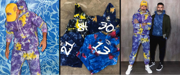 Collage featuring (from left to right): custom tie dyed fleece fabric that's sewn into a sweatsuit on a product model, in the center is custom NFL team color tie dye hoodies 