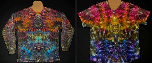 A side-by-side comparison of a psychedelic mindscape long sleeve shirt on the left, and a special made ice dyed baseball jersey in the same design on the right.  