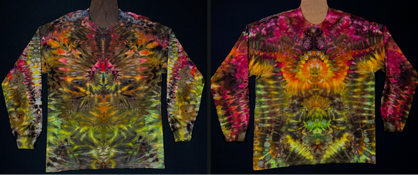 A side-by-side comparison of a psychedelic mindscape long sleeve shirt on the left, and a custom made replica of the same design, but in a different size, on the right.