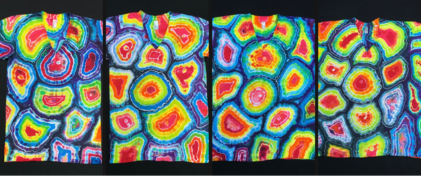 Collage featuring four rainbow geode v-neck tie dye tees handmade by custom request