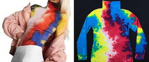 Collage featuring (from left to right): a designer fashion brand high neck sweater, on the right is a custom dyed recreation inspired by it