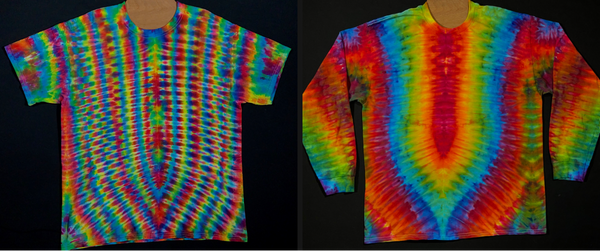 A side-by-side comparison of a rainbow psychedelic symmetry ice dye design on the left, and a custom request for a similar design on a long sleeve shirt on the right.