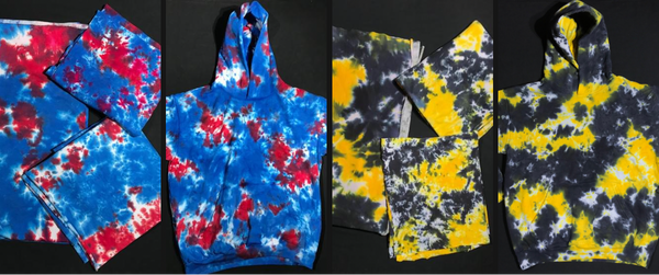 Custom tie dyed NFL team colored fleece fabric and pullover hoodies