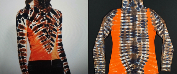 On the left side is a designer fashion brand high neck sweater featuring a tiger like V pattern, on the right is a custom tie-dyed turtleneck inspired by it