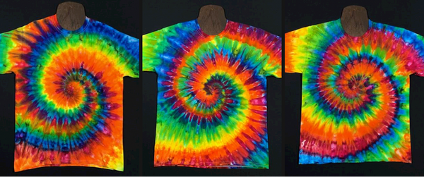 Another collage featuring a different three finished rainbow spiral ice dye designs for a custom order request 