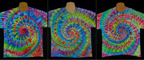 Collage featuring three custom requested rainbow spiral ice dye designs on short sleeve t-shirts