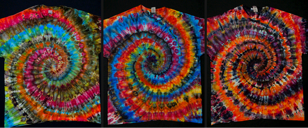 Collage featuring three custom color ice dyed spiral t-shirt designs, made for a special request