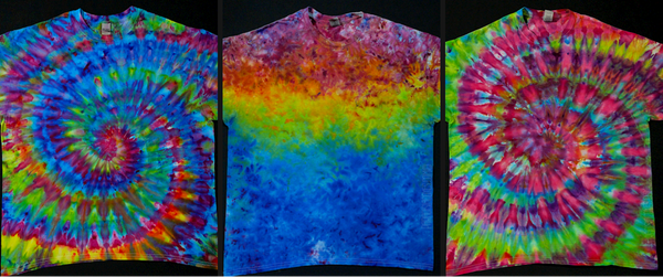 Collage featuring three special requested tie dye t-shirt designs