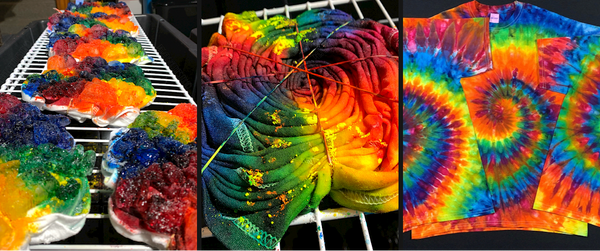 Collage featuring an order for a dozen rainbow ice dyed spiral youth t-shirts in the making