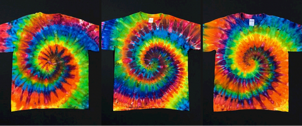 Collage featuring three finished rainbow spiral ice dye designs for a custom order request 