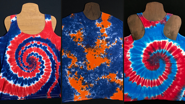 Collage featuring three different duo-colored, sports team inspired & fourth of july colors, tie dye design options