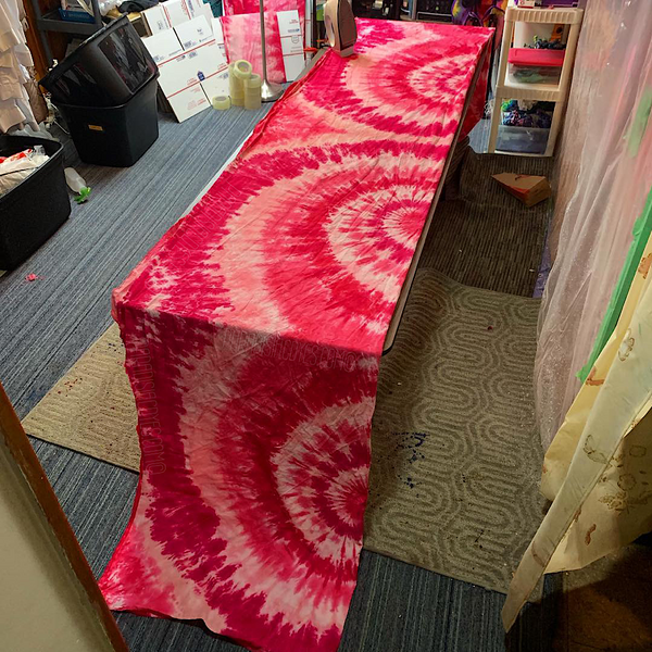 15 ft long by 5 ft wide custom tie dye fabric cuts, hand-dyed in a bubblegum pink spiral design
