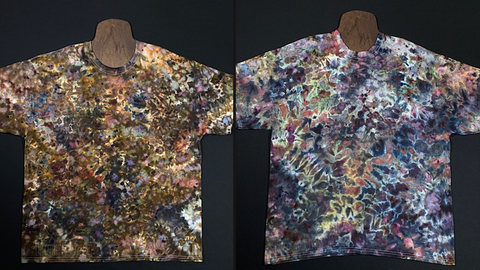 Two marbled splatter ice dyed t-shirt designs side by side; to the left is a pebbles splatter featuring an array of brown & gold shades; to the right is the same pattern featuring primarily grays, blacks with a hint of browns