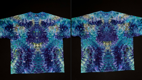 A side-by-side collage featuring both the front and back side of a psychedelic mindscape symmetrical ice tie dyed t-shirt design featuring an array of varying blue shades
