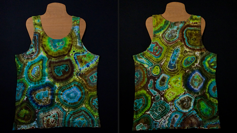 A side-by-side collage featuring both the front and back side of a hand-dyed, one of a kind size large blue and green agate geode tie dye tank top design