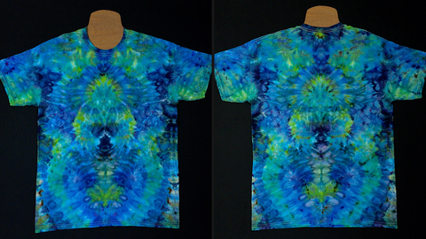 Front and back side of a Psychedelic Mindscape ice tie dyed short sleeve shirt design featuring vibrant aqua & electric blue shades, contrasted by neon lime green in an abstract, symmetrical pattern