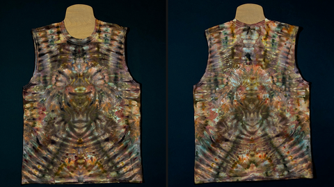 Front & back side of a men's muscle style tank in a hand-dyed, one of a kind, abstract, symmetrical ice tie dyed design featuring an array of earthy neutral browns