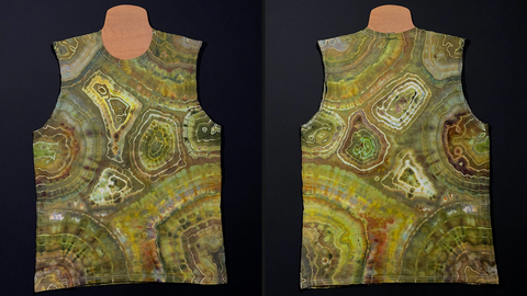 Front & back of a men's style tank top in a mossy green agate geode ice tie dyed design; laid flat on a solid black background