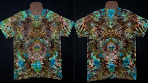 Front & back side of an earthy, beach toned psychedelic mindscape ice tie dyed shirt design