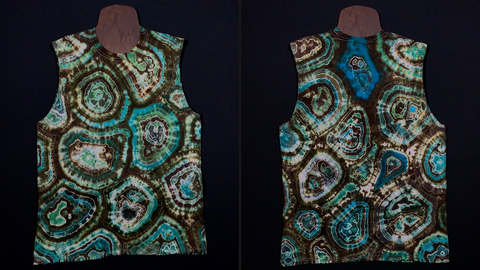 Front & back side of a men's large muscle tank featuring a hand-dyed, one of a kind agate geode tie dye design in an array of jewel-tones teals, mint & seafoam greens, contrasted by earthy, taupe brown shades