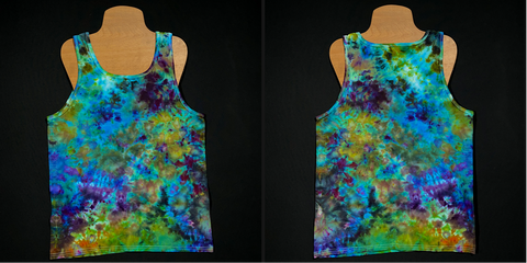 Front & back side of a Men's medium tie dye tank top featuring a unique, one of a kind blend of blues & greens in a marbled splatter pattern ice dyed design
