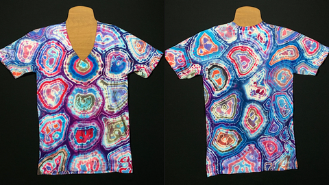 Front & back side of a one-of-a-kind cloud 9 cotton candy agate geode American Apparel V-neck style short sleeve t-shirt