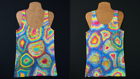 A side-by-side collage featuring both the front and back side of a size large Old Navy ribbed tank top featuring a hand-dyed, one of a kind pastel geode tie dye design