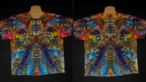 Front & back side of a rainbow psychedelic mindscape ice tie dyed shirt design; laid flat on a solid black background