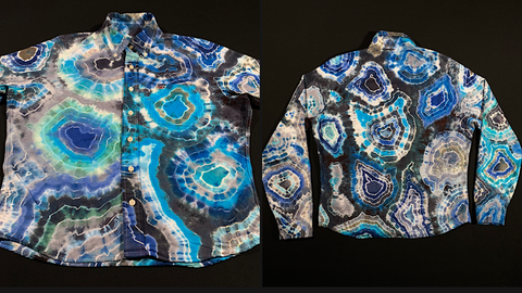 An up-cycled men's large Hollister button down shirt featuring a hand-dyed, one of a kind blue agate geode tie dye design with a totally different pattern on each side