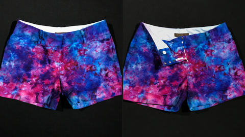 Pair of up-cycled ice dyed The Limited women's shorts featuring hand-dyed, one of a kind a blue & pink marbled splatter design