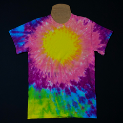 Example of an idea sunburst tie dye shirt design,  intended for logo placement at the top-center, or upper center of the chest. 