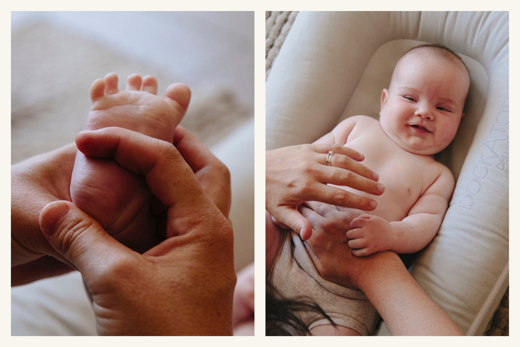 Baby massage in the DockATot Baby Nest