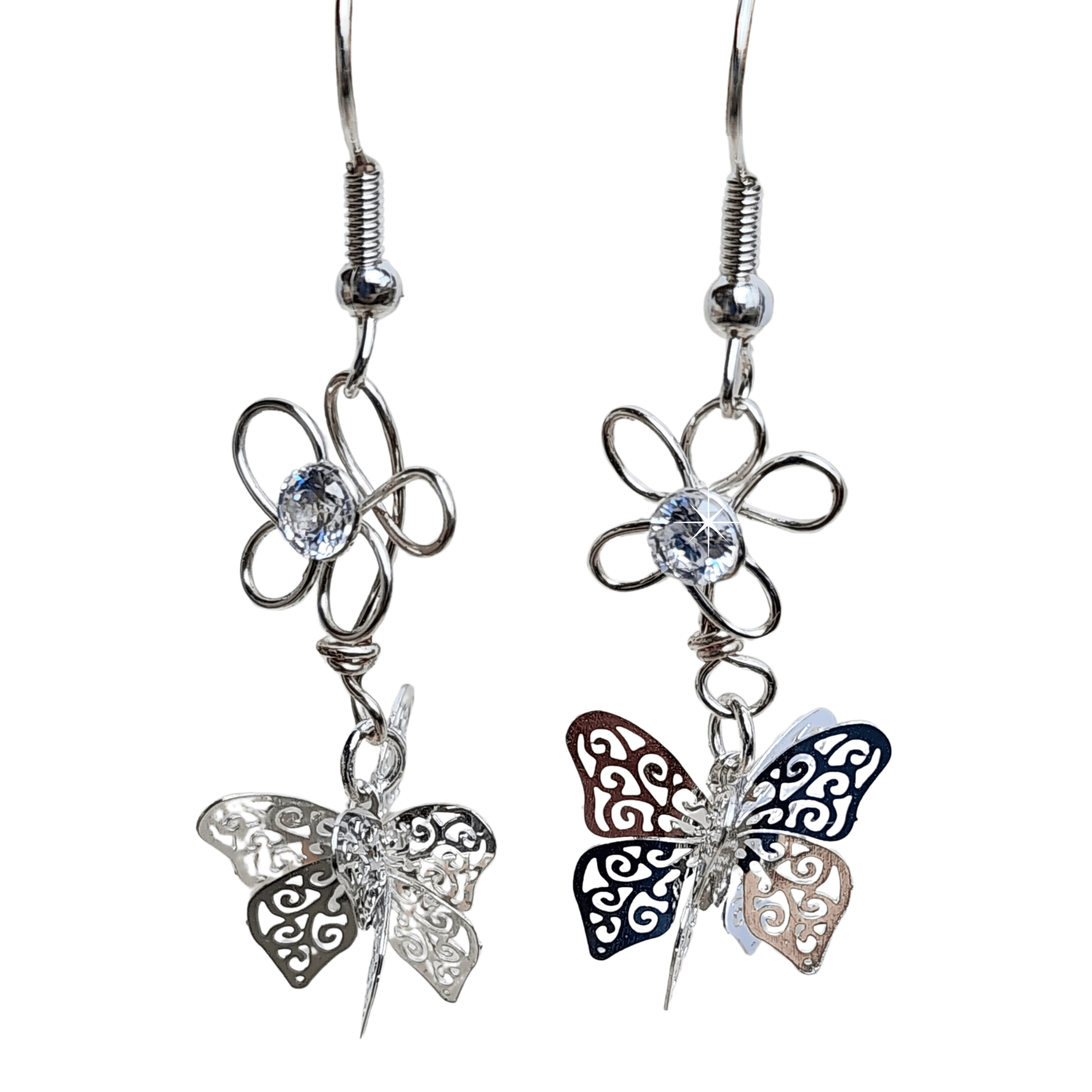 Silver-Crystal-Flower-Butterfly Long-drop-earring