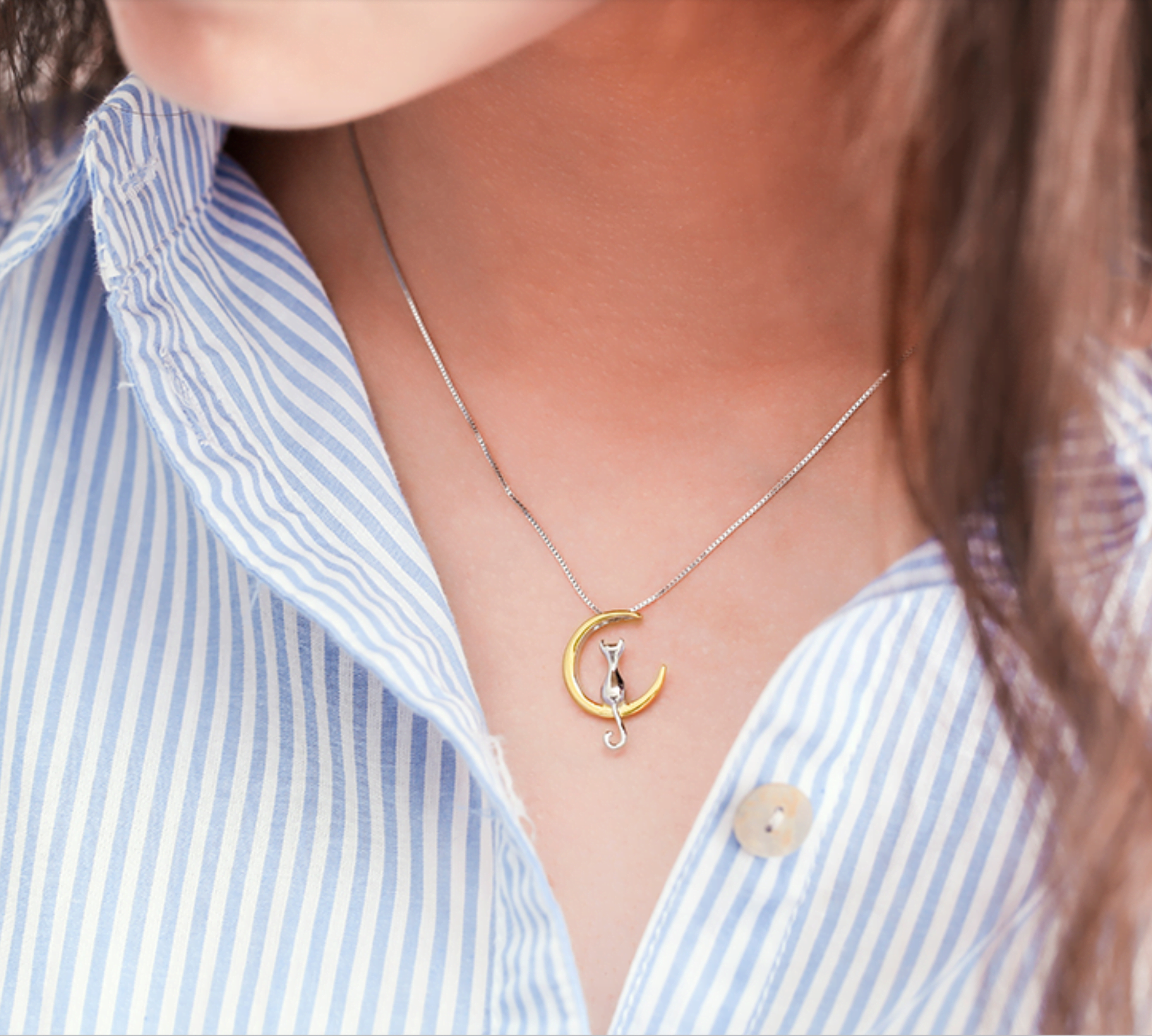 Silver Gold Cat  Moon Necklace