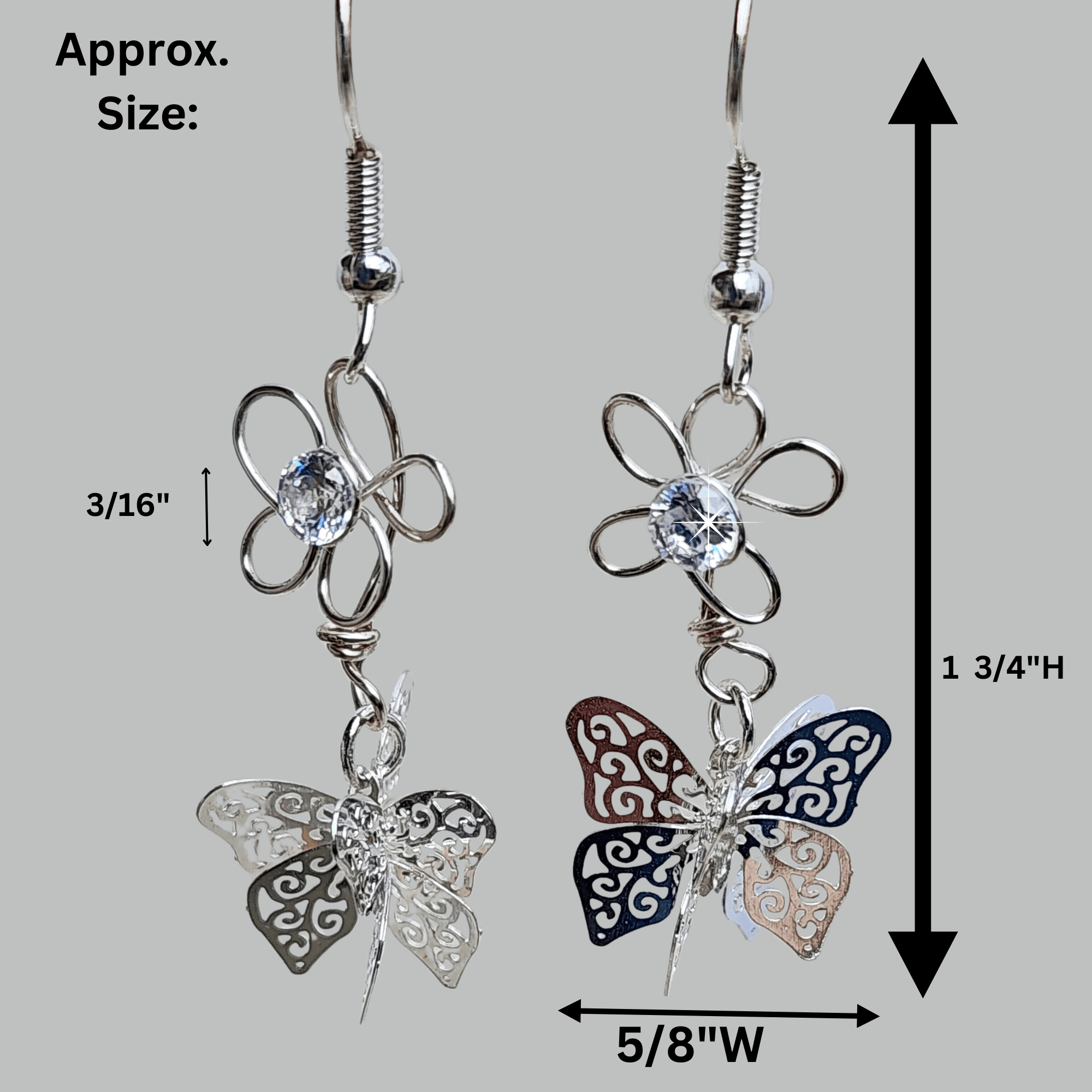 Silver Drop Butterfly Crystal Earrings