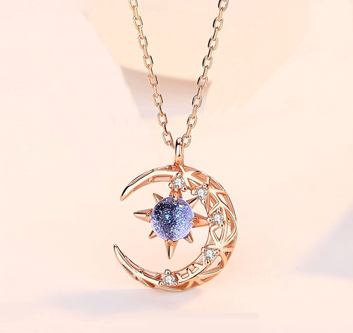 Custom Crystal Moon & Star Pendant Necklace, Crescent Moon Initial Moo ...